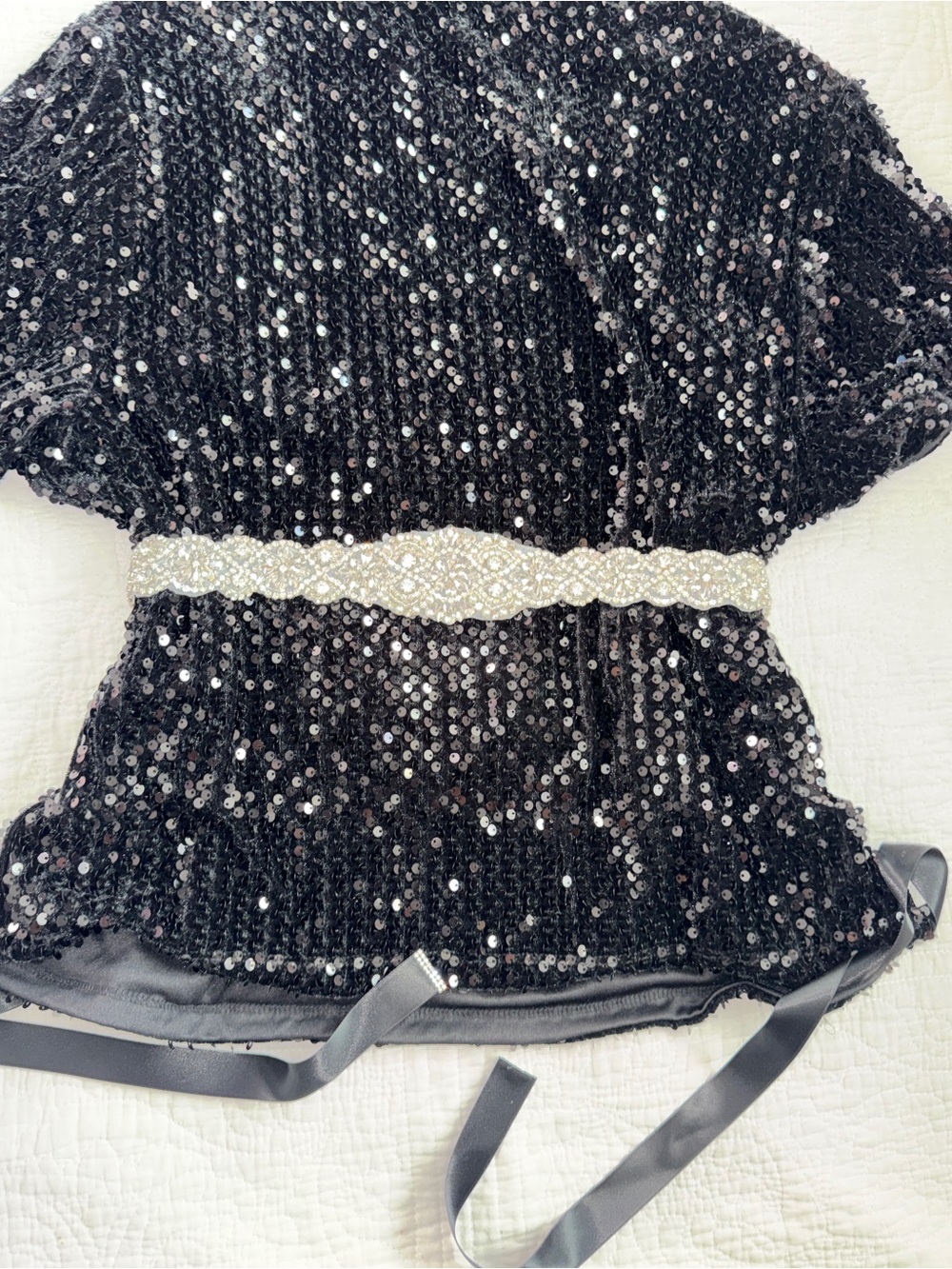 Source Unknown Black Satin Ribbon Belt with Silver Crystal Trim